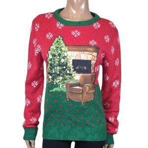 Ugly Christmas Festive Holiday Sweater Cozy Fireplace Snowflake Santa Party